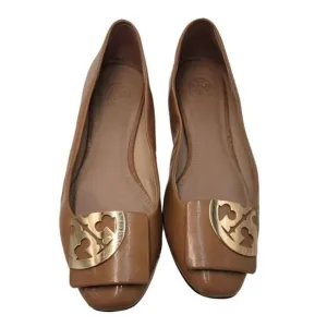Tory Burch Brown Heels Gold Logo Flats Patent Leather Neutral Square Timeless