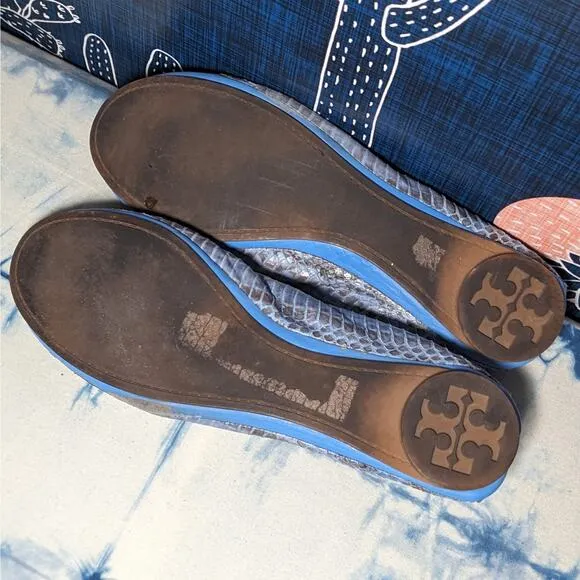 Tory Burch Eddie Leather Snakeskin Ballet Flat Shoes Blue Women's Size 8.5 M