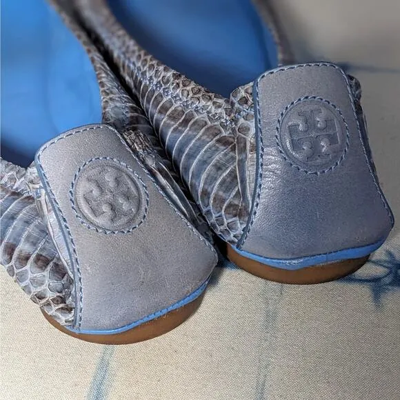 Tory Burch Eddie Leather Snakeskin Ballet Flat Shoes Blue Women's Size 8.5 M