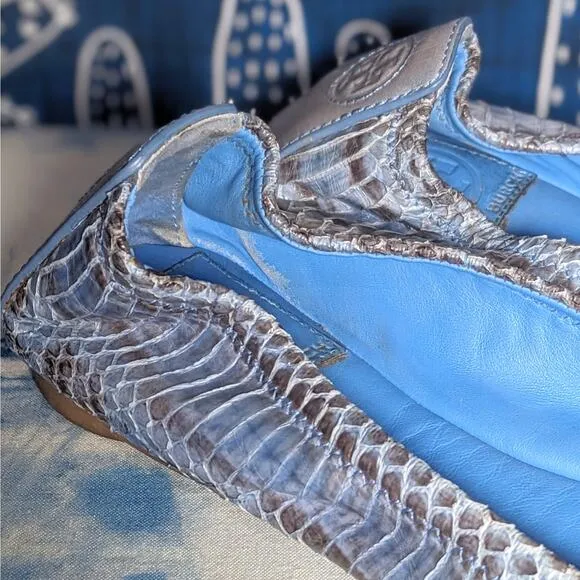Tory Burch Eddie Leather Snakeskin Ballet Flat Shoes Blue Women's Size 8.5 M