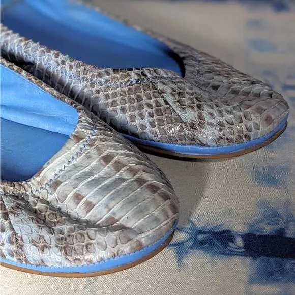 Tory Burch Eddie Leather Snakeskin Ballet Flat Shoes Blue Women's Size 8.5 M