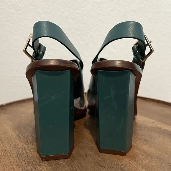 Tory Burch Green Beige Slingback Bleecker Block Heels Sandals Women's Size 6