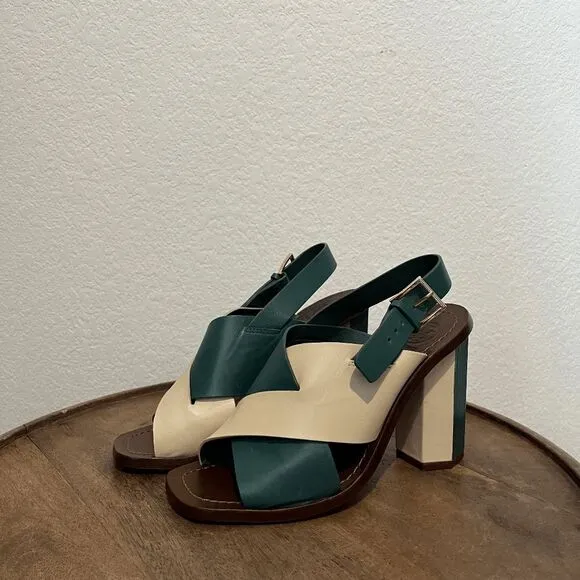 Tory Burch Green Beige Slingback Bleecker Block Heels Sandals Women's Size 6