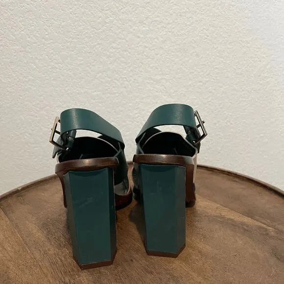 Tory Burch Green Beige Slingback Bleecker Block Heels Sandals Women's Size 6