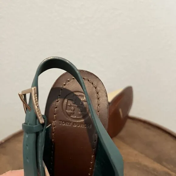 Tory Burch Green Beige Slingback Bleecker Block Heels Sandals Women's Size 6