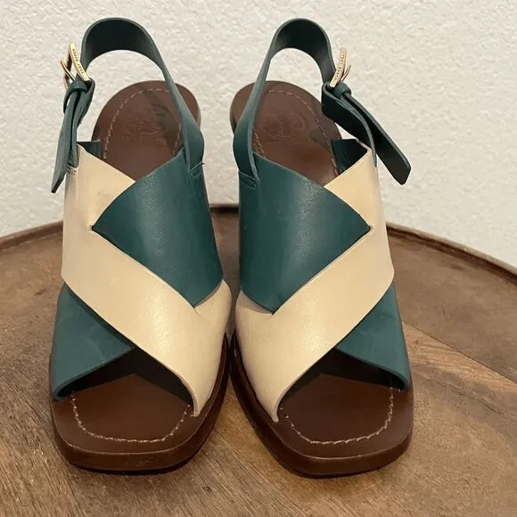Tory Burch Green Beige Slingback Bleecker Block Heels Sandals Women's Size 6