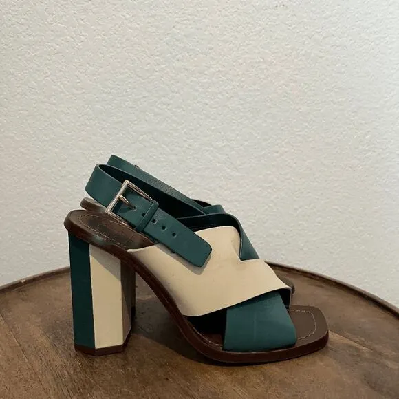 Tory Burch Green Beige Slingback Bleecker Block Heels Sandals Women's Size 6