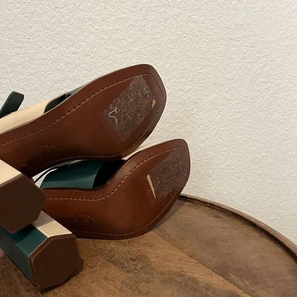 Tory Burch Green Beige Slingback Bleecker Block Heels Sandals Women's Size 6
