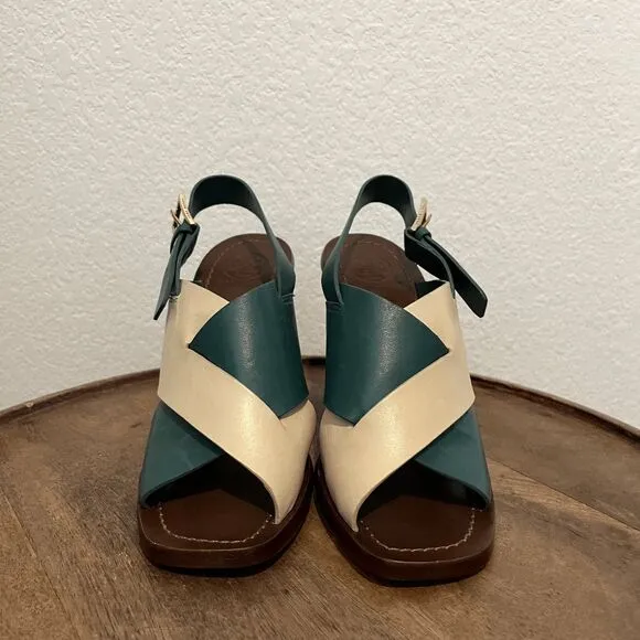 Tory Burch Green Beige Slingback Bleecker Block Heels Sandals Women's Size 6