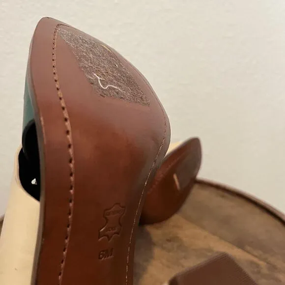 Tory Burch Green Beige Slingback Bleecker Block Heels Sandals Women's Size 6