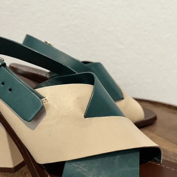 Tory Burch Green Beige Slingback Bleecker Block Heels Sandals Women's Size 6