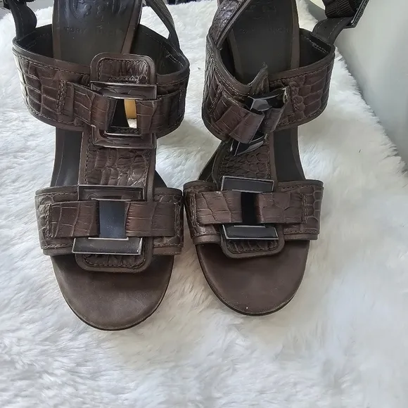 TORY BURCH Kayla Croc Leather Platform Sandals Heels