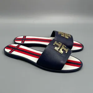 Tory Burch Logo Jelly Slide Preppy Sandals Womens 6 Shoe Emblem Red Navy Sea