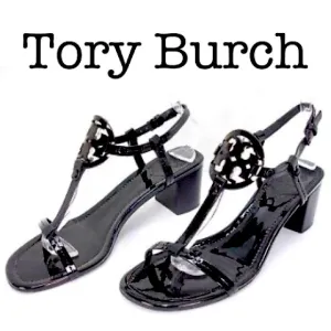 Tory Burch Miller Black Patent Leather T Strap Logo Block Sandals Size 10 1/2