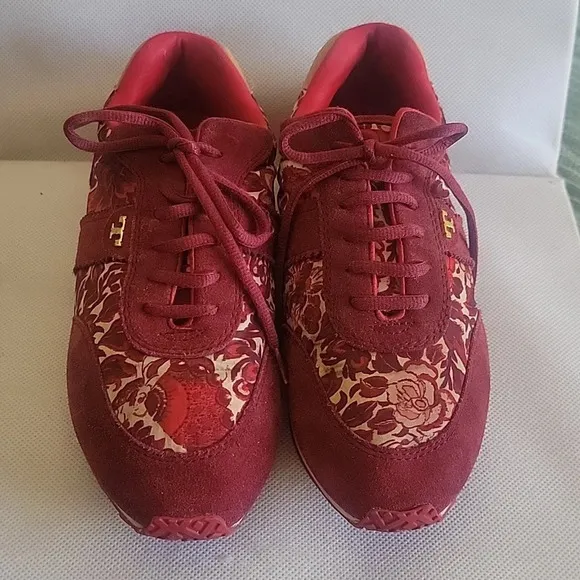 TORY BURCH RED SUEDE &amp; FLORAL SNEAKERS (sz 8)