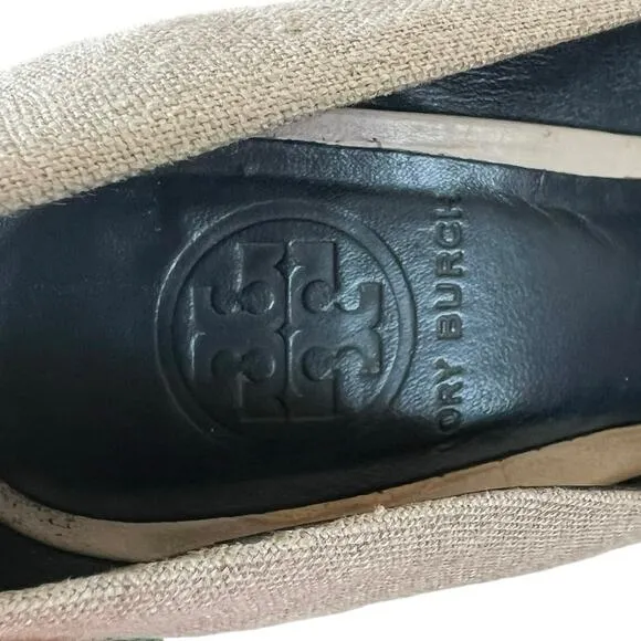 TORY BURCH Sylvia Sz 9 Navy Bleach Natural Leather Linen Heel Pump Girl Boss