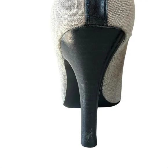 TORY BURCH Sylvia Sz 9 Navy Bleach Natural Leather Linen Heel Pump Girl Boss