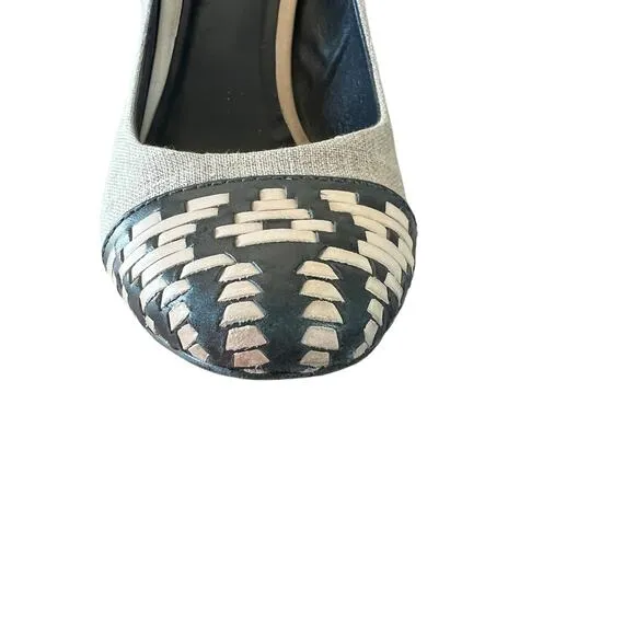 TORY BURCH Sylvia Sz 9 Navy Bleach Natural Leather Linen Heel Pump Girl Boss