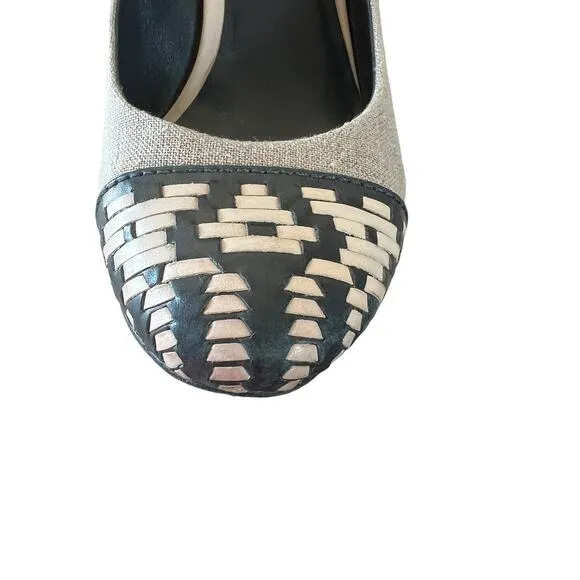 TORY BURCH Sylvia Sz 9 Navy Bleach Natural Leather Linen Heel Pump Girl Boss