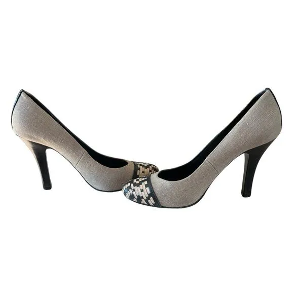 TORY BURCH Sylvia Sz 9 Navy Bleach Natural Leather Linen Heel Pump Girl Boss