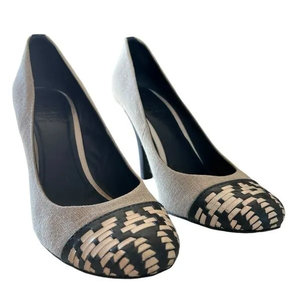 TORY BURCH Sylvia Sz 9 Navy Bleach Natural Leather Linen Heel Pump Girl Boss