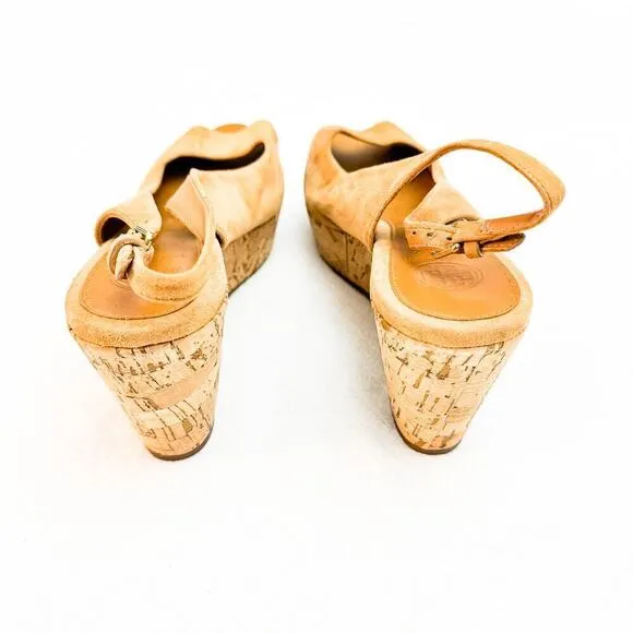 Tory Burch Tan Suede Peep Toe Wedge Slingback Sandals Size 8