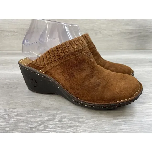 UGG Gael 1934 Women's 7 Brown Leather Shearling Lined Slip-On Wedge Mule Shoes