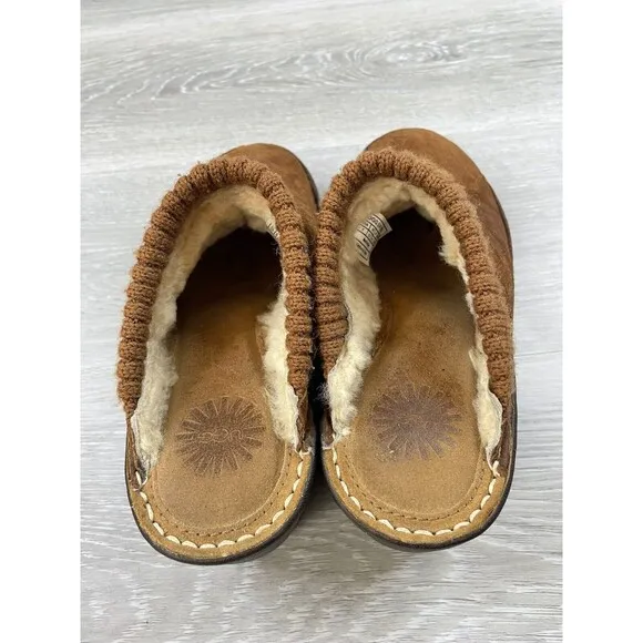 UGG Gael 1934 Women's 7 Brown Leather Shearling Lined Slip-On Wedge Mule Shoes
