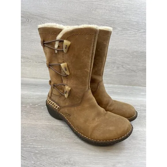 UGG Kona 5156 Women's 7 Brown Leather Shearling Lined Toggle MidCalf Winter Boot