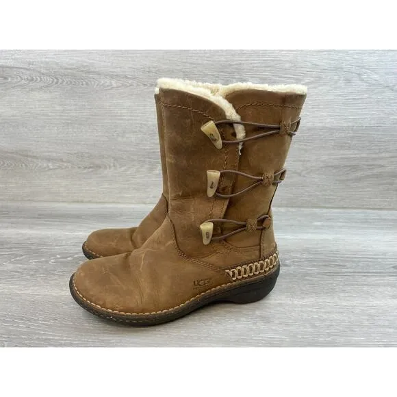 UGG Kona 5156 Women's 7 Brown Leather Shearling Lined Toggle MidCalf Winter Boot