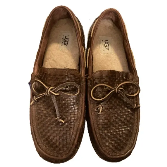 UGG Men's Chester Woven Boat Shoes Brown Leather Loafers Size 10