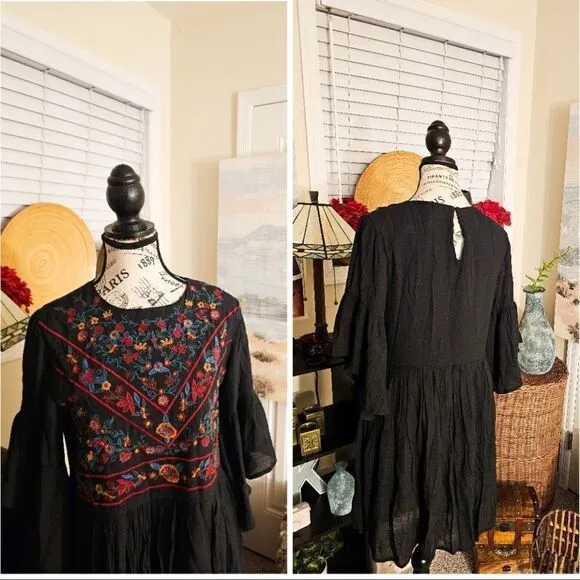 Umgee USA Rayon Blend Embroidered Babydoll Boho Dress. M fit