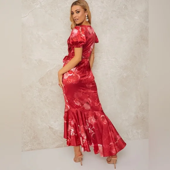 V Neck Puff Sleeve Floral Midi Dress by Chi Chi London