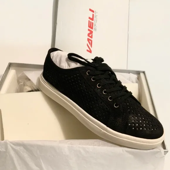 VANELi Oneida Black/Silver Rory Suede Perforated Sport Sneaker Casual Flat Shoes