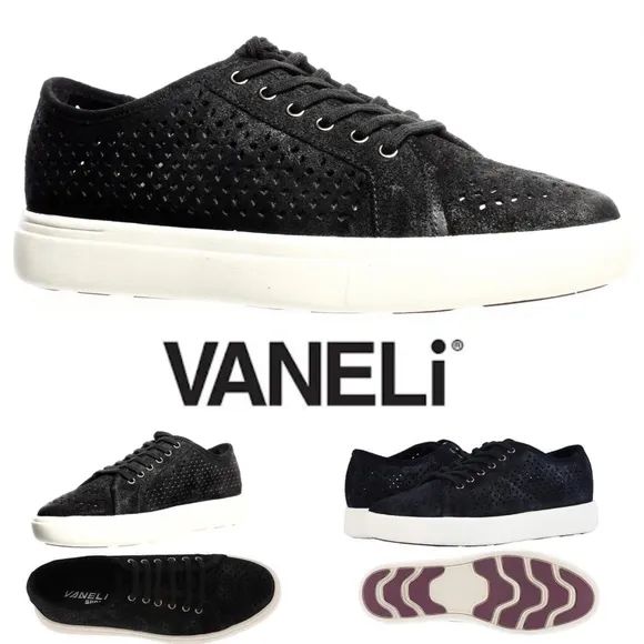 VANELi Oneida Black/Silver Rory Suede Perforated Sport Sneaker Casual Flat Shoes