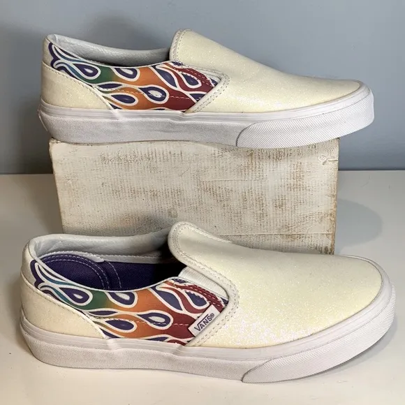 Vans Classic Slip-On Iridescent Sparkle Flame Rainbow White NWT