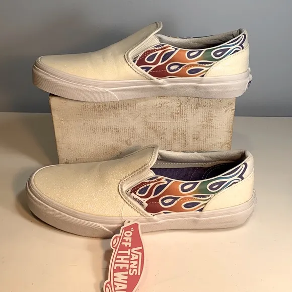 Vans Classic Slip-On Iridescent Sparkle Flame Rainbow White NWT