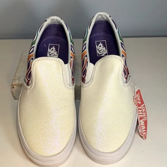 Vans Classic Slip-On Iridescent Sparkle Flame Rainbow White NWT