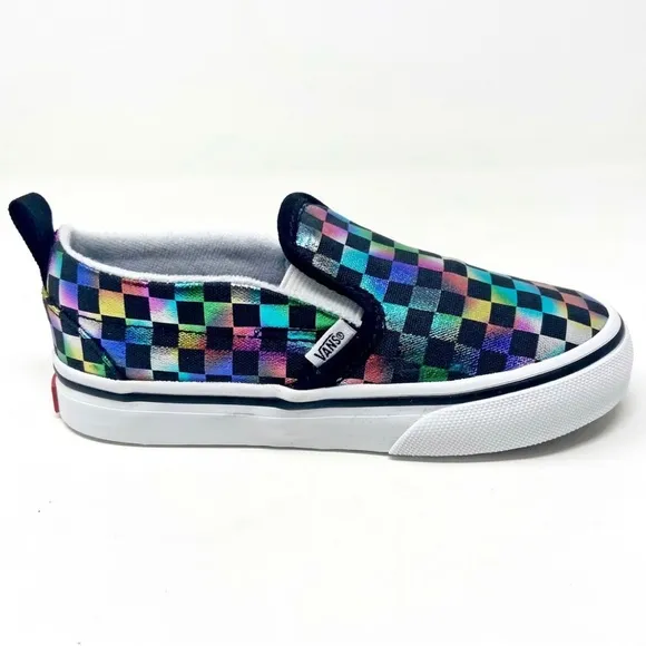 Vans slip on iridescent check black tru white kids NWT HTF!