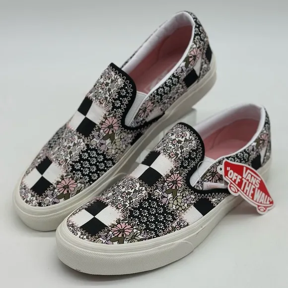 Vans Women's Floral Checkered Slip-On Shoes - Black and Pink