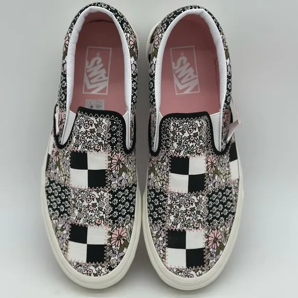 Vans Women's Floral Checkered Slip-On Shoes - Black and Pink