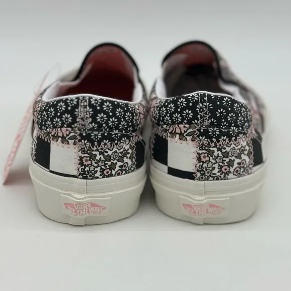 Vans Women's Floral Checkered Slip-On Shoes - Black and Pink