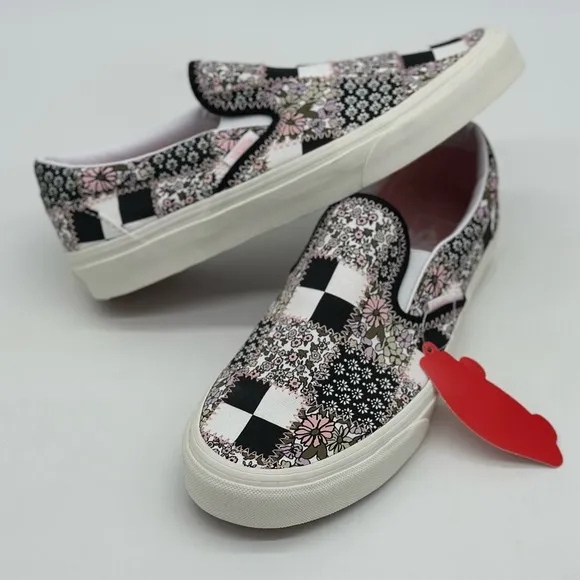 Vans Women's Floral Checkered Slip-On Shoes - Black and Pink