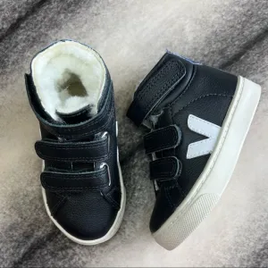 Veja Small Esplar Mid Shearling Lined Black White Cobalt Leather Kids Sneakers