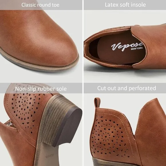 Vepose Ankle Boots Women Brown Chunky Cutout Heels Perforated Western Shoes