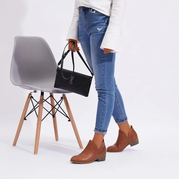 Vepose Ankle Boots Women Brown Chunky Cutout Heels Perforated Western Shoes