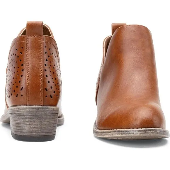 Vepose Ankle Boots Women Brown Chunky Cutout Heels Perforated Western Shoes
