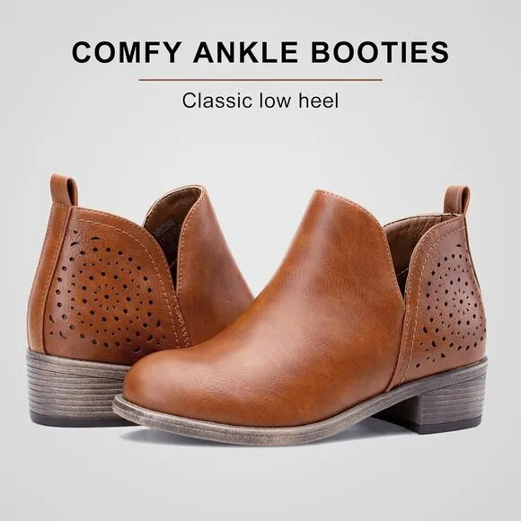 Vepose Ankle Boots Women Brown Chunky Cutout Heels Perforated Western Shoes
