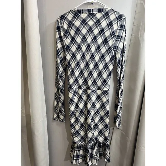 VERONICA BEARD Women’s Size 10 Navy Blue PLAID RUCHED Button Up Rowe DRESS