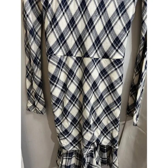 VERONICA BEARD Women’s Size 10 Navy Blue PLAID RUCHED Button Up Rowe DRESS